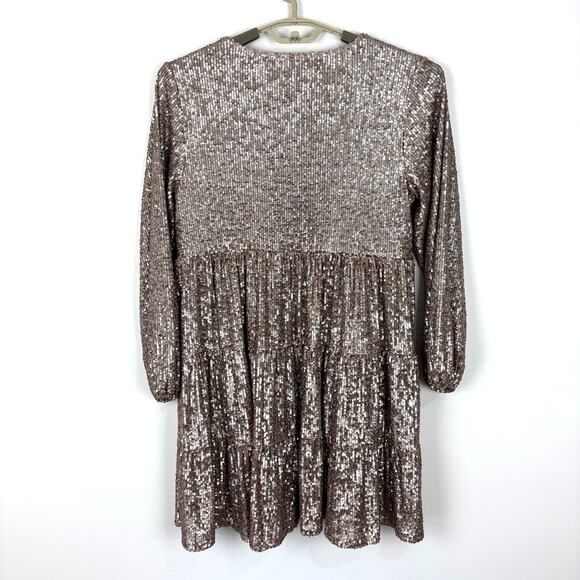 Cable & Gauge Rose Gold Sequin Mini Dress Babydoll Medium cocktail holiday - Picture 2 of 7